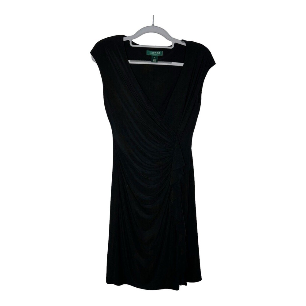Lauren Ralph‎ Lauren Dress Womens Size 4 Black Gold Shimmer Ruched Slimming